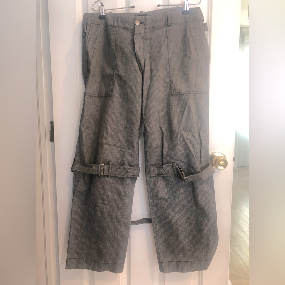 VIVIENNE WESTWOOD ANGLOMANIA ICONIC BONDAGE STRAP BACK PANT IN GREY W/BLK STRIPE